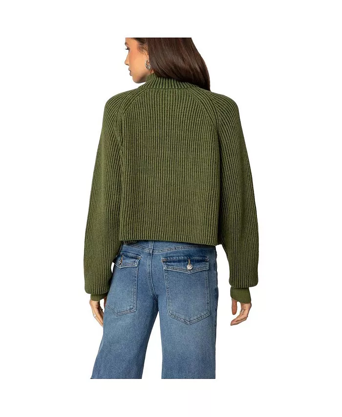 Women's Cropped Rib Knit Half Zip Sweater - thumbnail 3