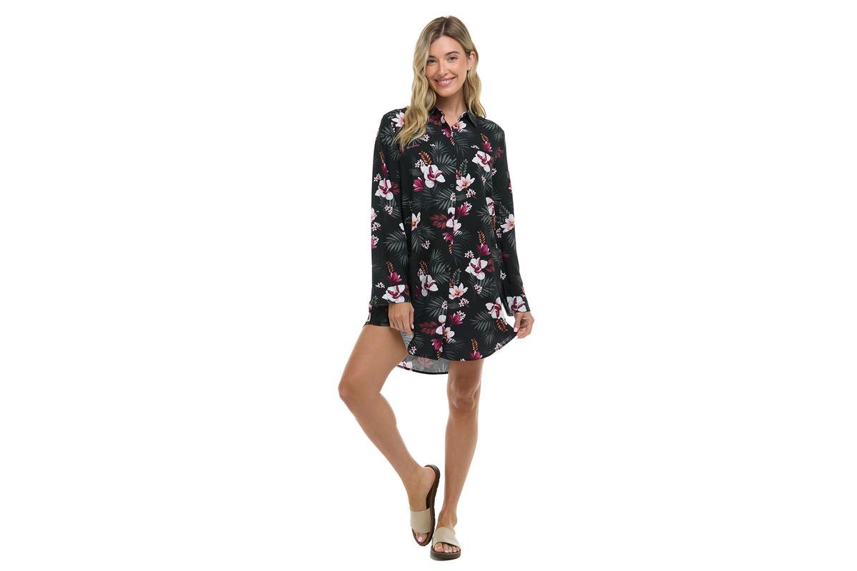 Women's Summer Joy Long Sleeve Shirt Coverup - Black