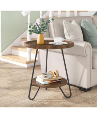 2-Tier End & Side Table with Metal Legs Set of 2, Modern Industrial Beside Table, Small Accent Table Snack Table