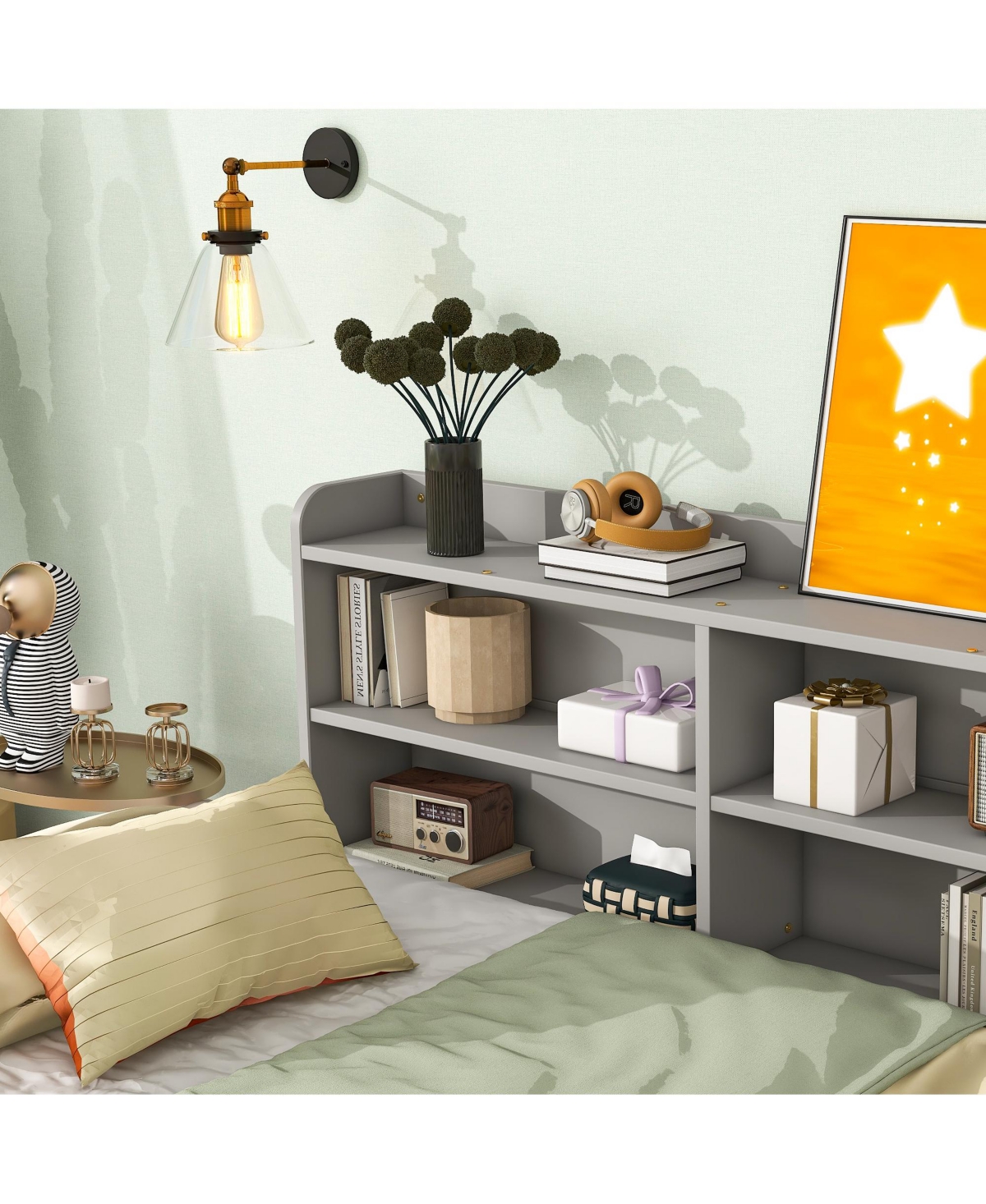 Slickblue Twin Bed with Side Bookcase and Drawers -Finish for Stylish Storage and Space-Saving in Bedroom - Grey