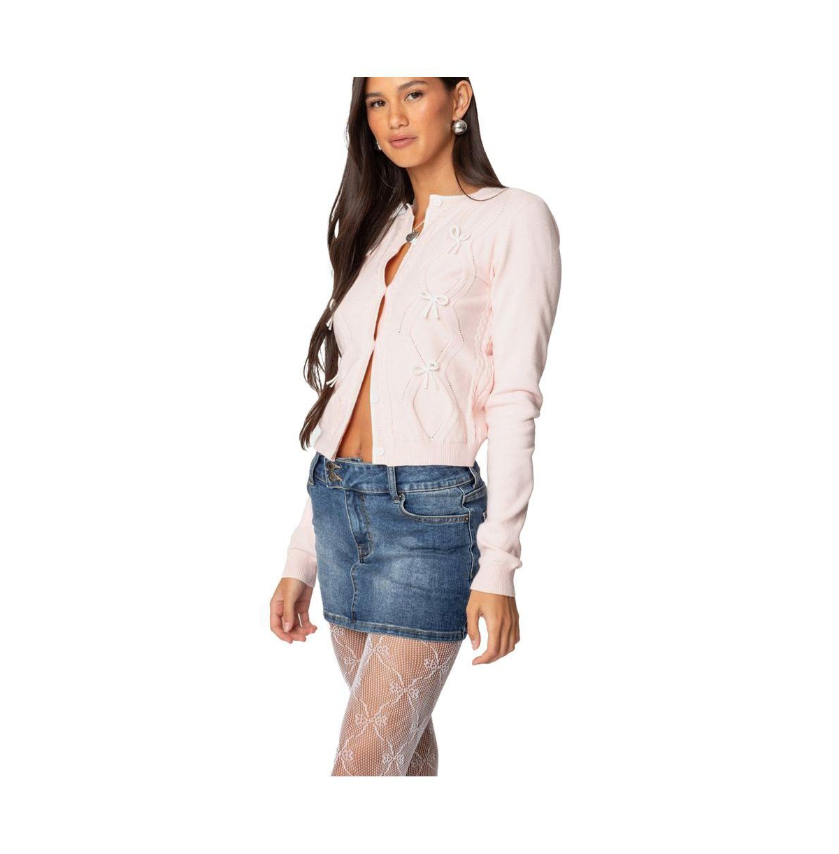 Edikted Women's Contrast Bow Knit Cardigan - Light-pink