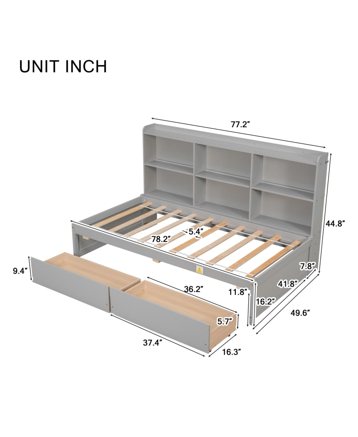 Slickblue Twin Bed with Side Bookcase and Drawers -Finish for Stylish Storage and Space-Saving in Bedroom - Grey