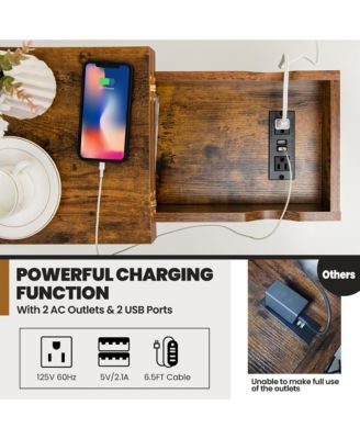 End Table with USB Charging Station, Flip Top, Side Pocket – Industrial Nightstand