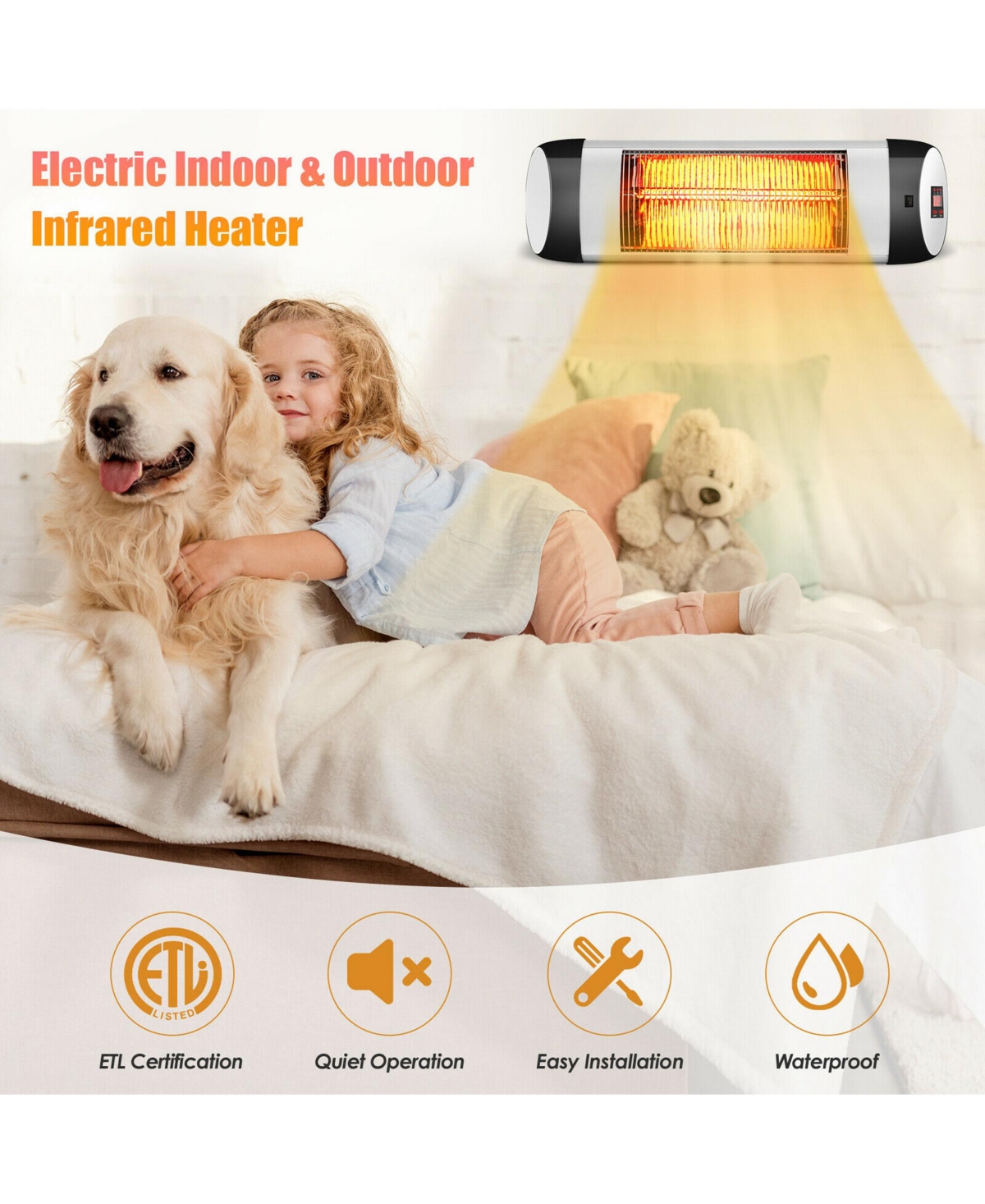 Gymax Wall-Mounted Electric Heater Patio Infrared Heater W/ Remote Control - Silver + black