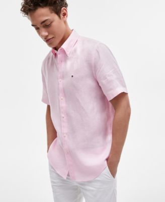 Men's Short-Sleeve Pigment-Dyed 100% Linen Button-Front Shirt