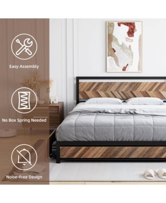 Full Size Rustic Vintage Metal Bed Frame with Headboard, 4 Storage Drawers, Strong Metal Slats for Support