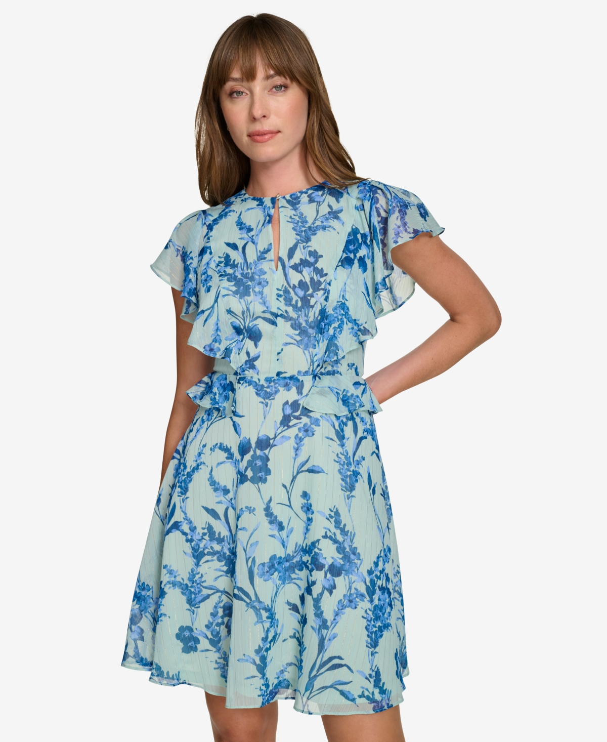 Tommy Hilfiger Petite Printed Flutter-Sleeve Chiffon Dress -Blue