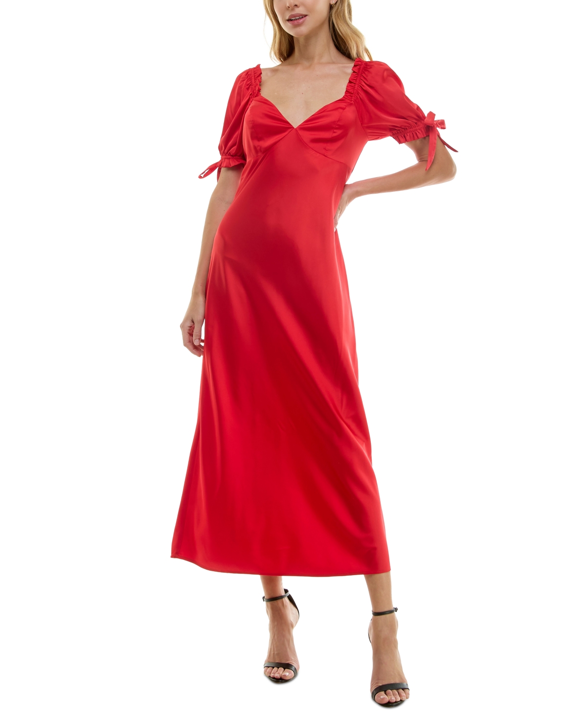 Juniors' V-Neck Puff-Sleeve Midi Dress - Red