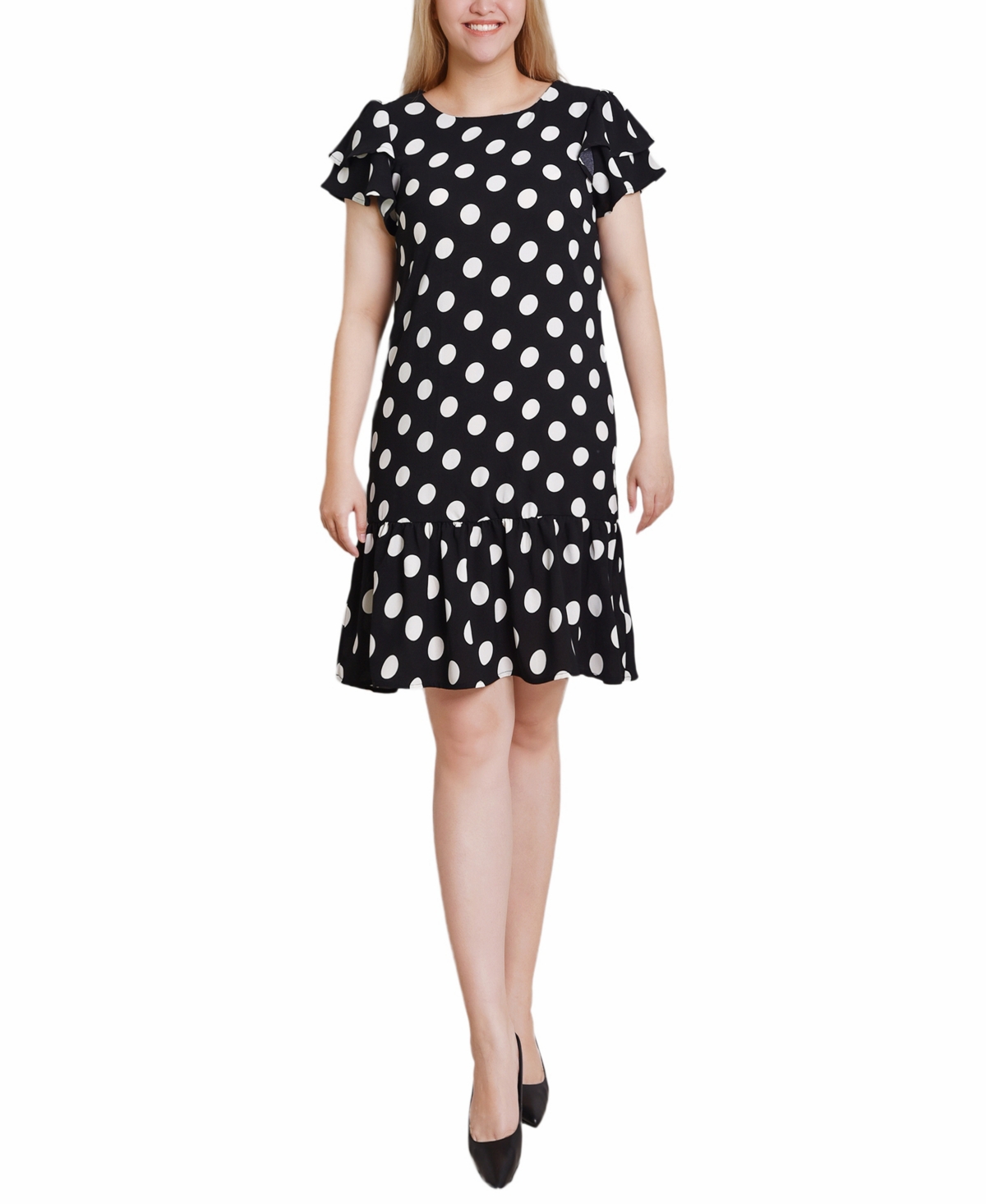 Ny Collection Women's Double Layer Flutter Sleeve Dress In Black White Big Dot