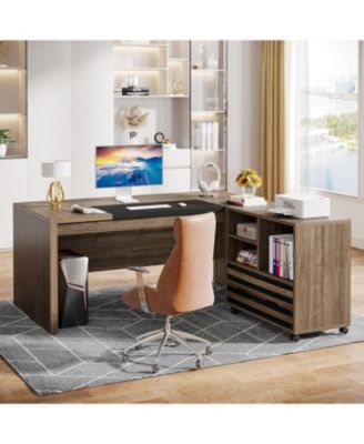 62.2" MDF L-Shaped Mobile File Cabinet, Storage Shelves & Lockable Casters Executive Desk