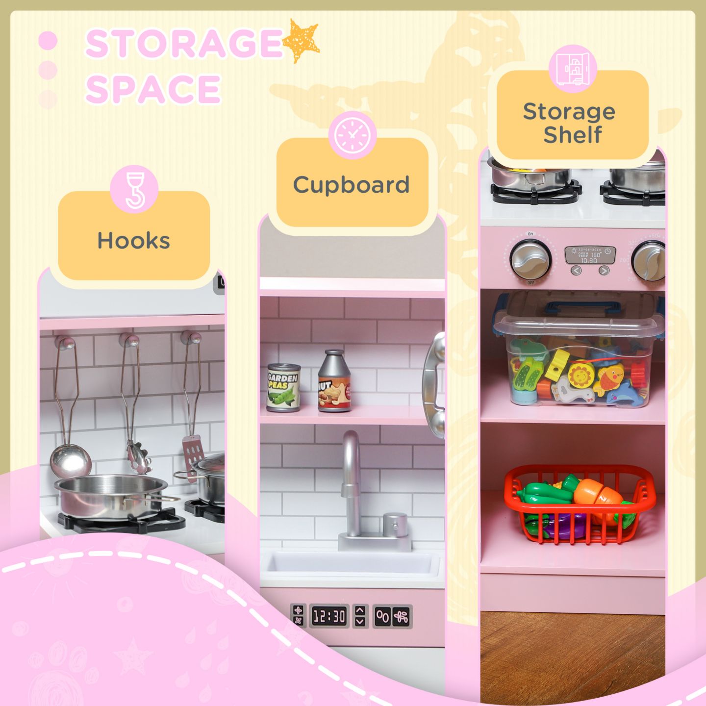 Детские игрушки Qaba Chalkboard Toy Phone Play Kitchen with 5-Piece Accessory Set, Ages 3+, цвет: Розовый — фото 8