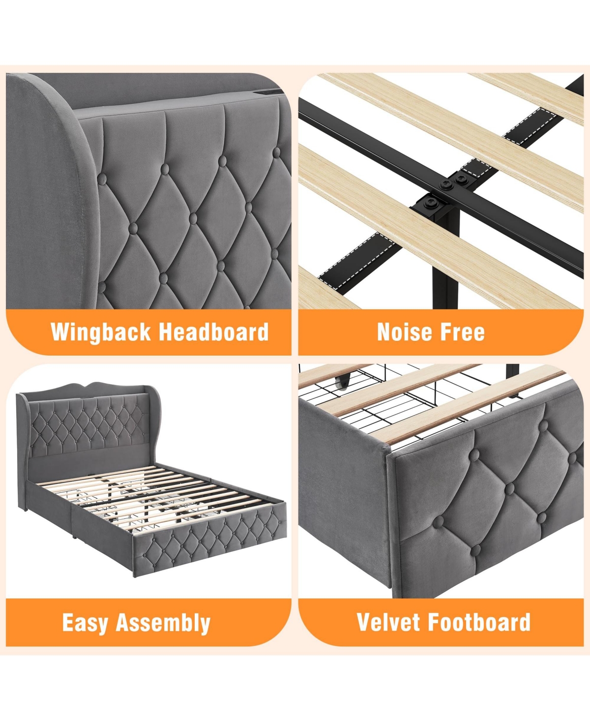 gaomon SizeVelvet Bed Frame with 4 Convenient Storage Drawers, Wingback Headboard with Charging Station - Grey
