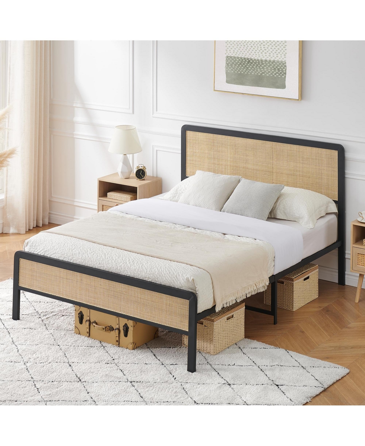 gaomon Size Metal Bed Frame, Size Bed Frame with Rattan Headboard and Footboard