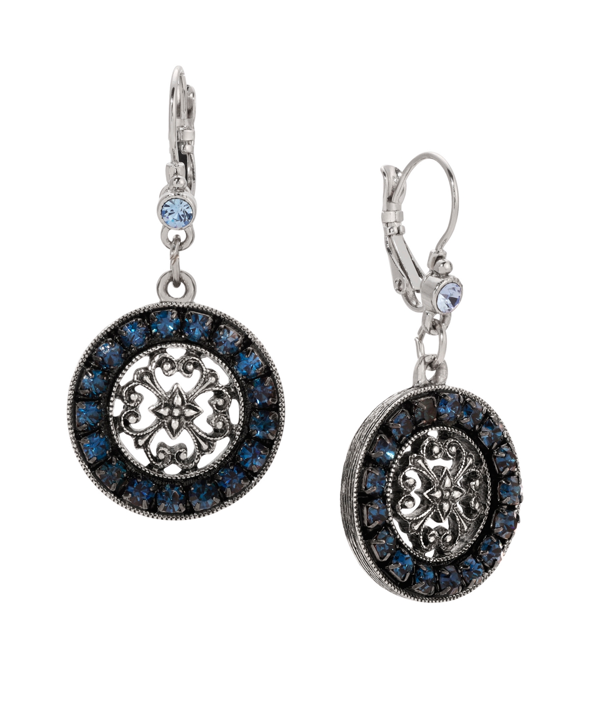 2028 Blue Crystal Round Filigree Drop Earrings In Blue