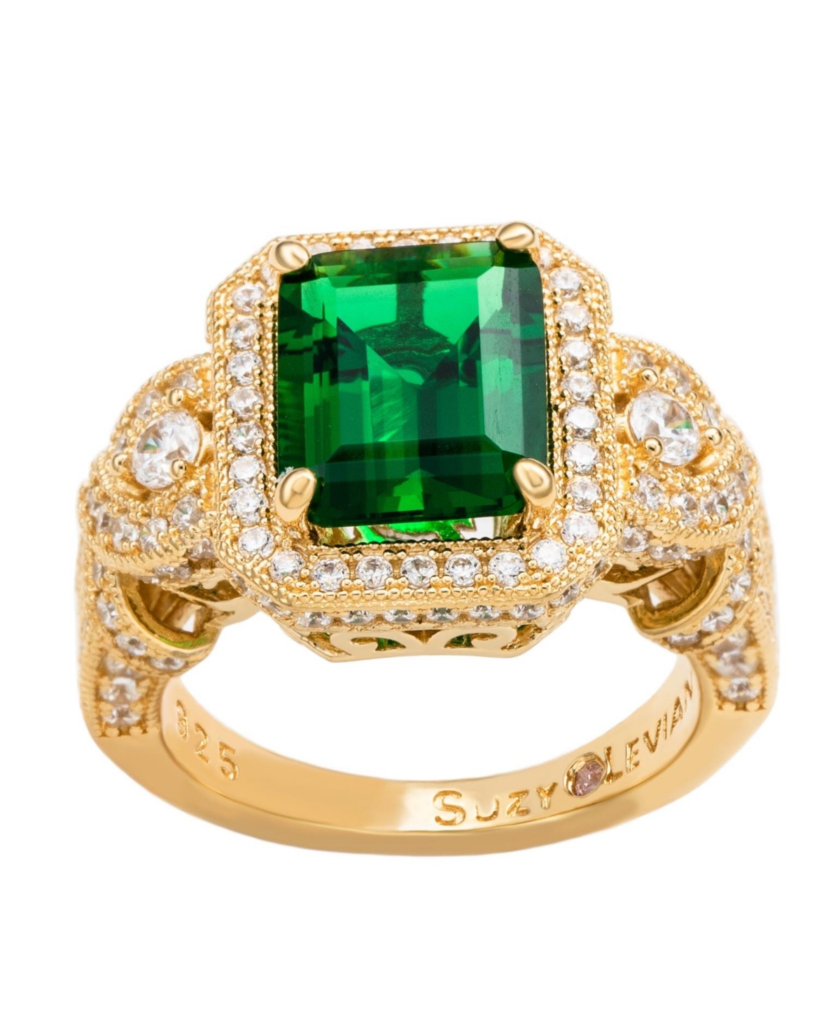 Suzy Levian New York Suzy Levian Yellow Sterling Silver Emerald-Cutand White Cubic Zirconia Pave Ring - Green