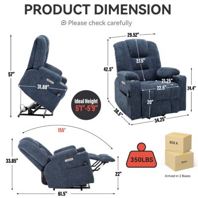 |Large Size  Chenille Fabric & Steel Frame Power Lift, Massage & Heat,  2 Steel Cup Holders  Recliner  chair