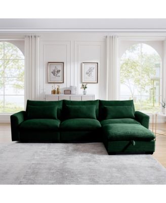 Corduroy Sectional Sofa, L Shaped Couch with Storage Footstool and 3 Pillow, Sectional Couch for Living Room Apartment, Green
