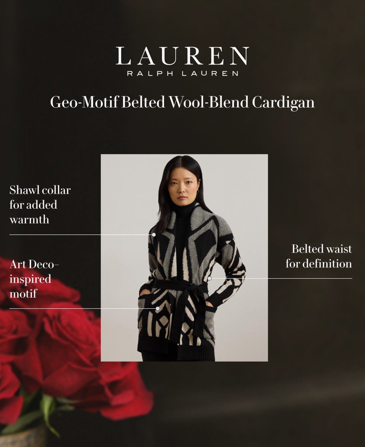 Lauren Ralph Lauren Women's Geo-Motif Belted Wool-Blend Cardigan -Mascarpone Cream