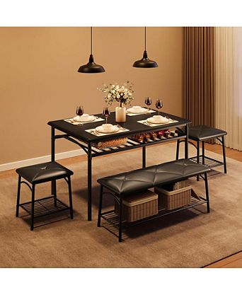 Dining Table with Benches, Kitchen Table Set for 4, Dining Room Table Set with Upholstered Bench and Square Stools, Metal and Wood Dining Table Set for 4 with Storage for Small Space-Vintage