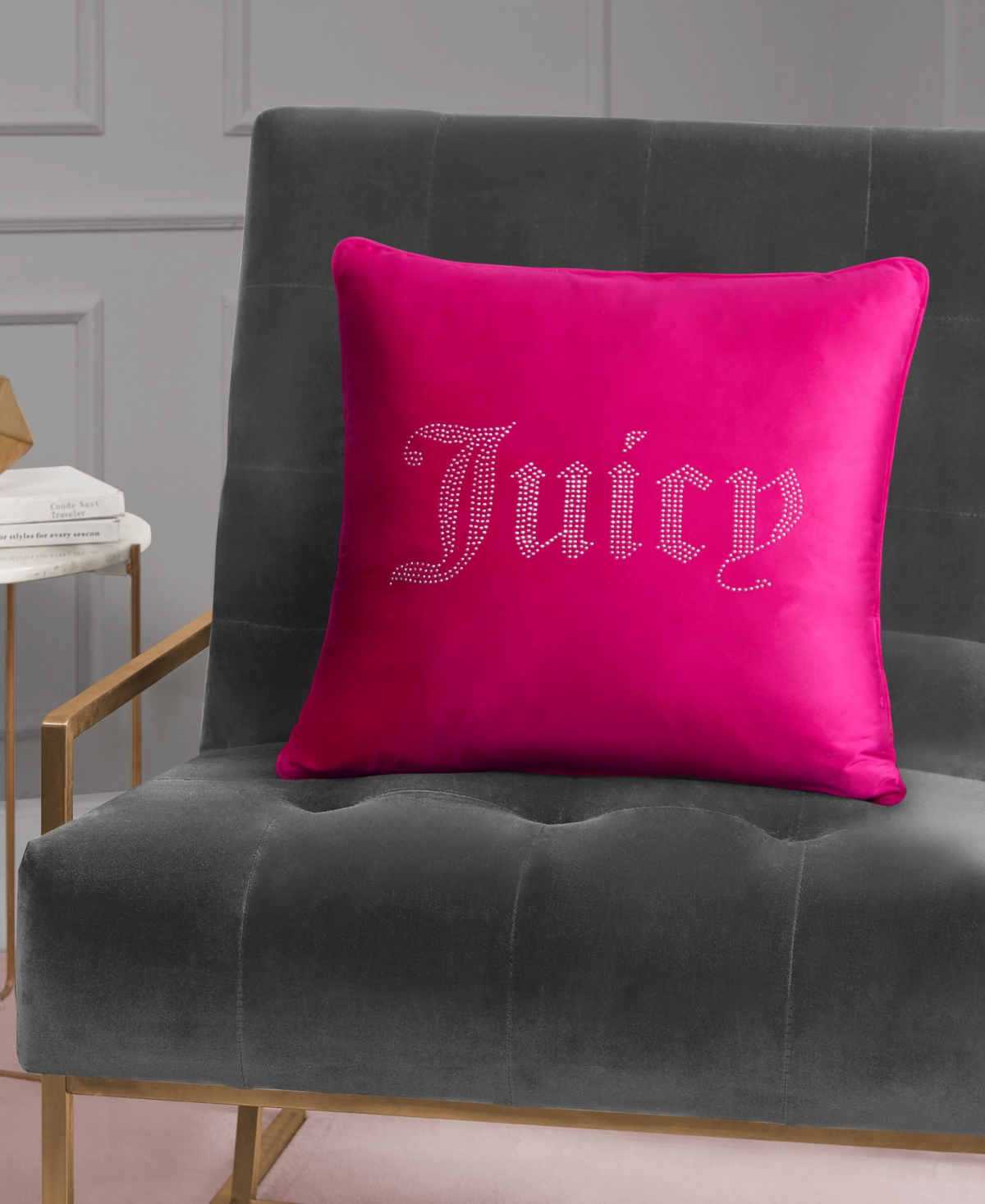 Juicy Couture Rhinestone Logo Decorative Pillow, 20" X 20" In Hot Pink