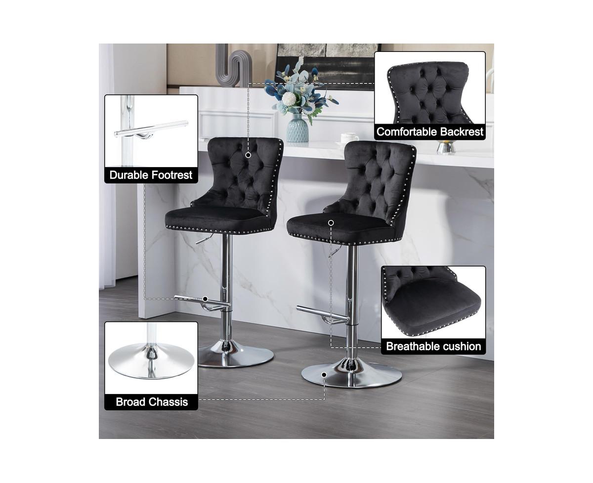 gaomon Velvet Bar Stools Set of 2, Modern Upholstered Bar Chairs, Adjustable Swivel Bar Stools with Tufted Back and Nailhead Trim for Kitchen Island R