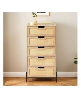 5-drawer, rattan & wood, double dresser with modern design – closet organizer for bedroom, living room, hallway, or office