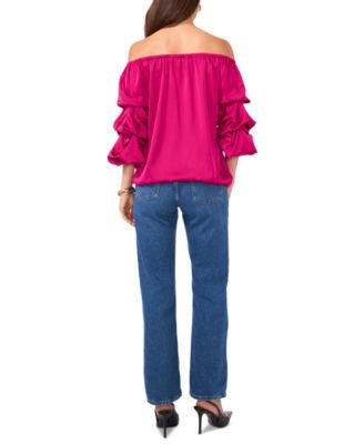 Women's Off The Shoulder Bubble Sleeve Tie Front Blouse