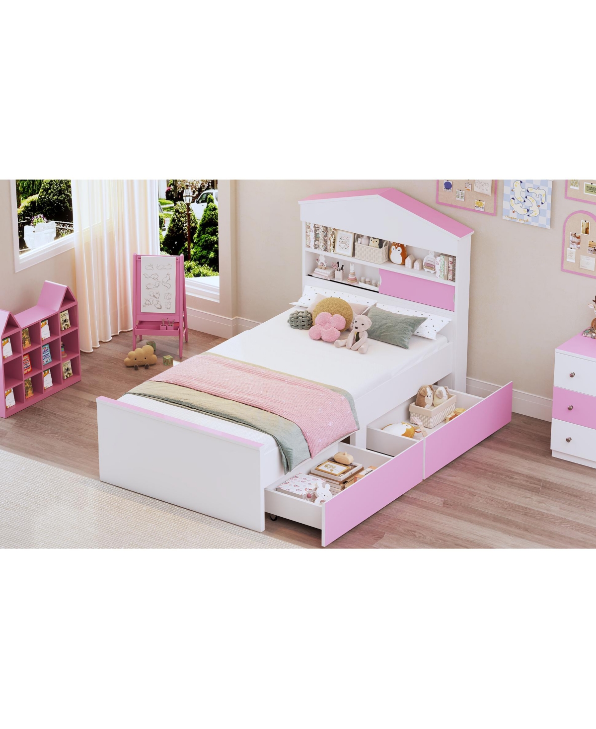 Streamdale Furniture Twin Size House-Shaped Wooden Bed with Storage Shelf on the Headboard, Built-in Two Storage Drawers, Pink - Pink+white