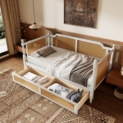 Traditional Style Rattan Twin Size Daybed with 2 Drawers for Limited Space, Guest Room, No Box Spring Needed