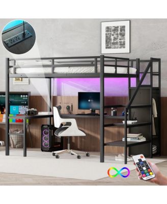 Streamdale Full XL Loft Bed with L-Shaped Desk, Wardrobe, and LED
