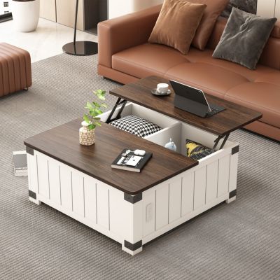 Farmhouse Lift Top Coffee Table with Charging Station & Hidden Storage