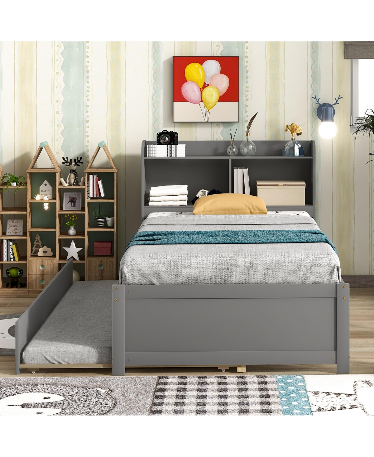 Slickblue Twin Bed with Trundle and Bookcase - Space-Saving Bedroom Furniture for Sleepovers and Storage