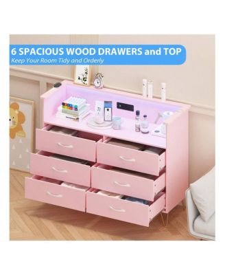 Dresser For Bedroom With Led Light & Charging Station, 6 Wooden Drawers Dressers With 2-Tier Open Shelves, Modern Chest Of Double Wide Drawers For Living Room, Entryway, Hallway TV Stand