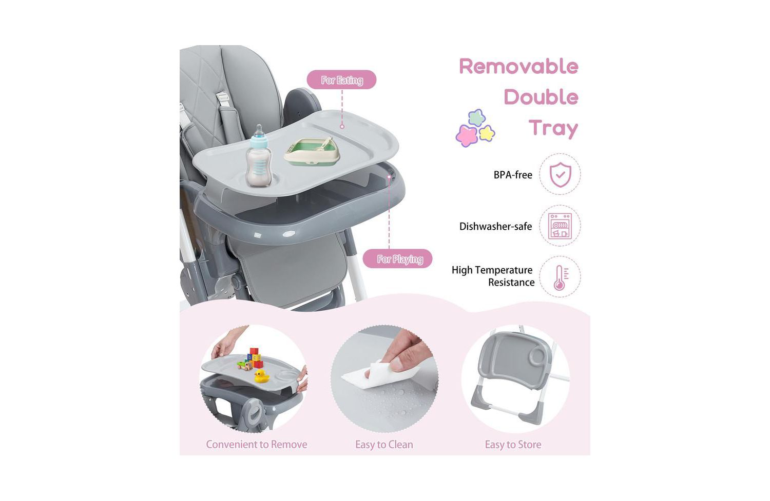 Multifunctional Baby High Chair, Foldable Infant Highchairs with Removable Tray, Adjustable Height and Recline, Easy Cleaning High Chair for Babies & Toddlers