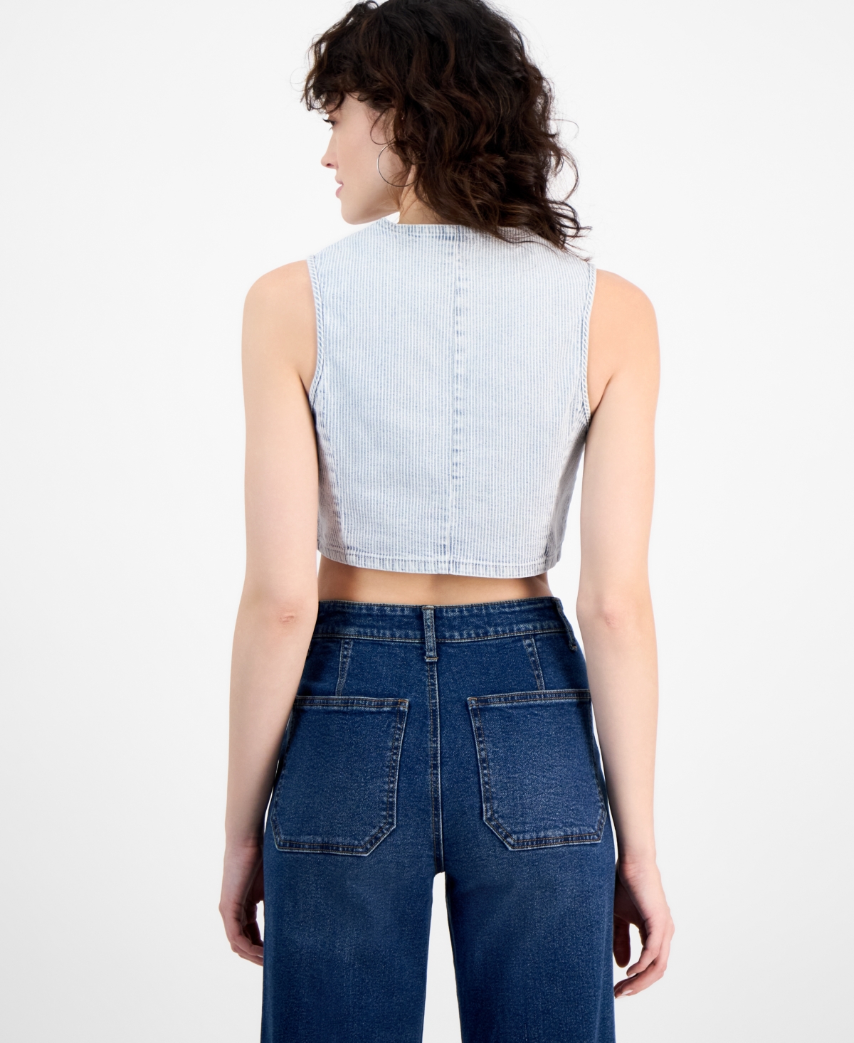 And Now This Women's Striped Button-front Denim Vest, Exclusively At Macy's In Blue,white Stripe