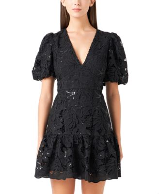 endless rose - Women's Sequin Open-Lace Puff-Sleeve Mini Dress