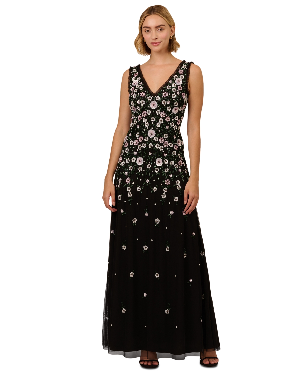 Adrianna Papell Beaded Floral Mesh A-line Gown In Black Multi