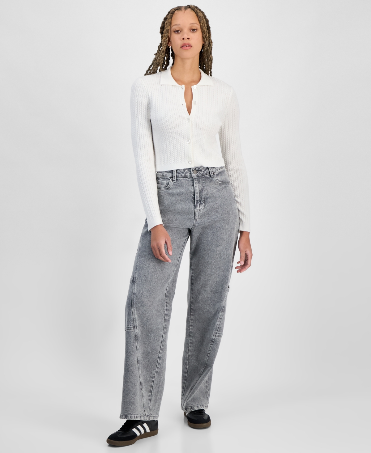 Freshman Juniors' Cable-knit Button-up Sweater In Snow White