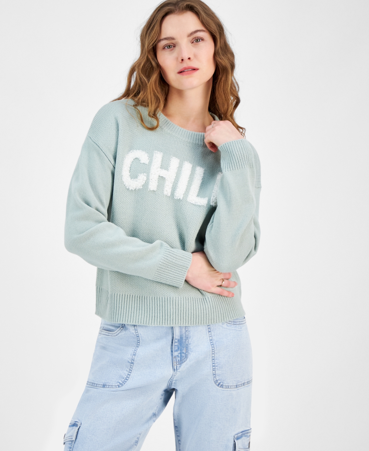 Hooked Up By Iot Juniors' Novelty Verbiage Sweater In Chill