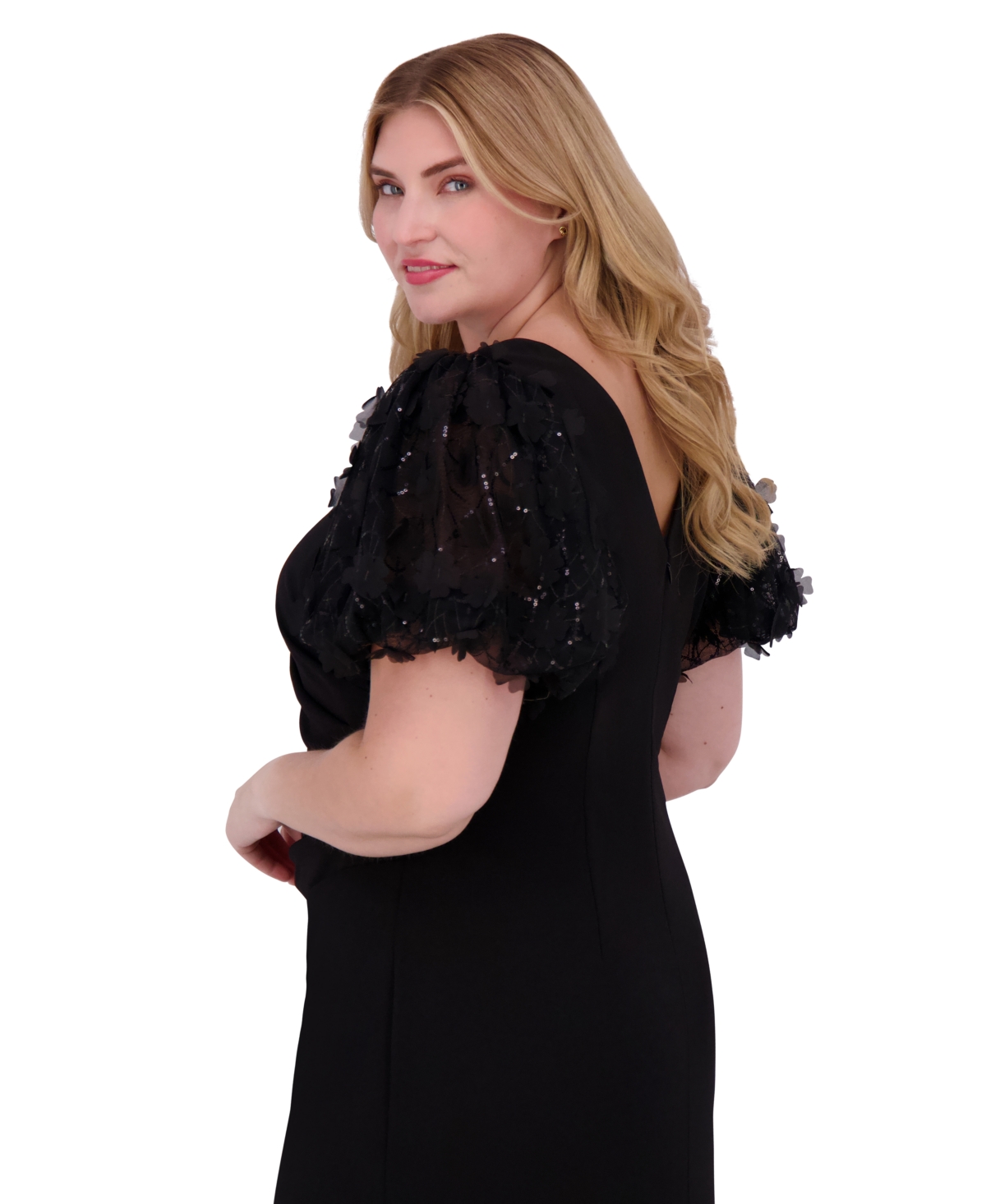 Eliza J Plus Size Floral-Short-Sleeve Boat-Neck Pleated Gown