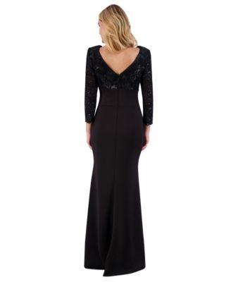 Women's Floral-Sequin 3/4-Sleeve Boat-Neck Gown