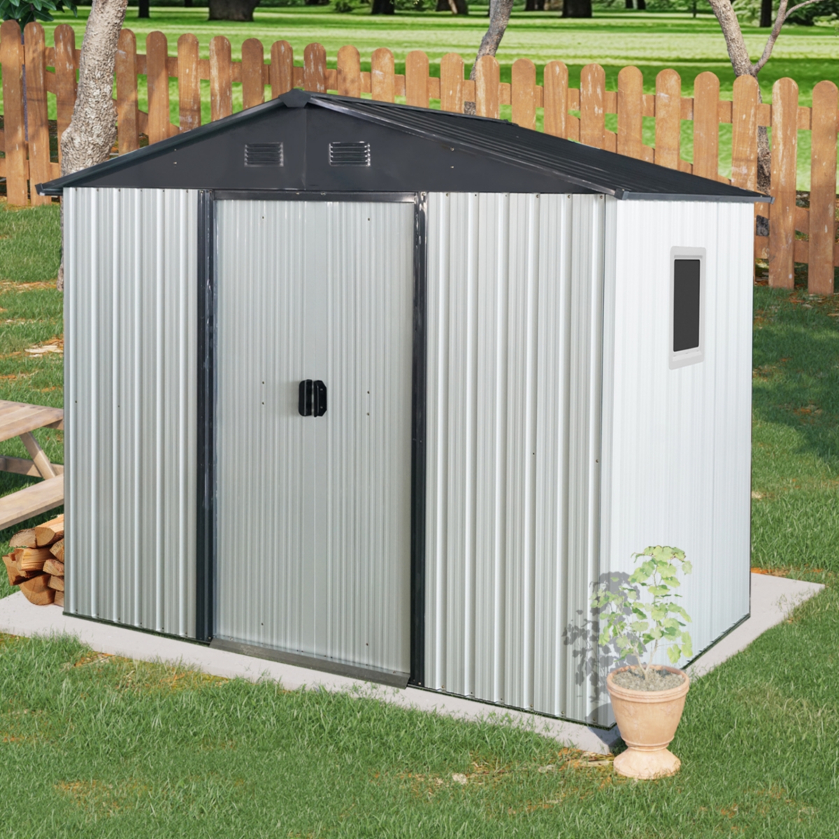 8ft x 4ft Outdoor Metal Storage Shed with Window and Metal Foundation for Backyard, Patio, Lawn --White and Black - White+black