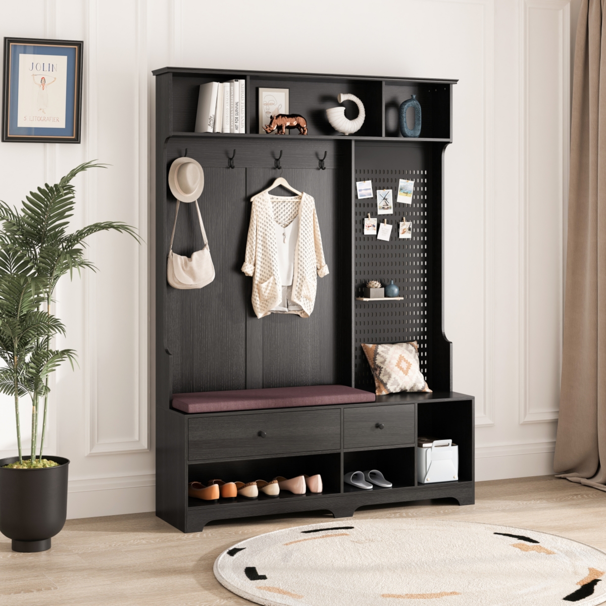 Multi-purpose Hallway Hall Tree with Removable Linen Cushioned Entryway Bench, Coat Rack, Storage Shelves, and Diy Pegboard,for Hallways, Living Room,