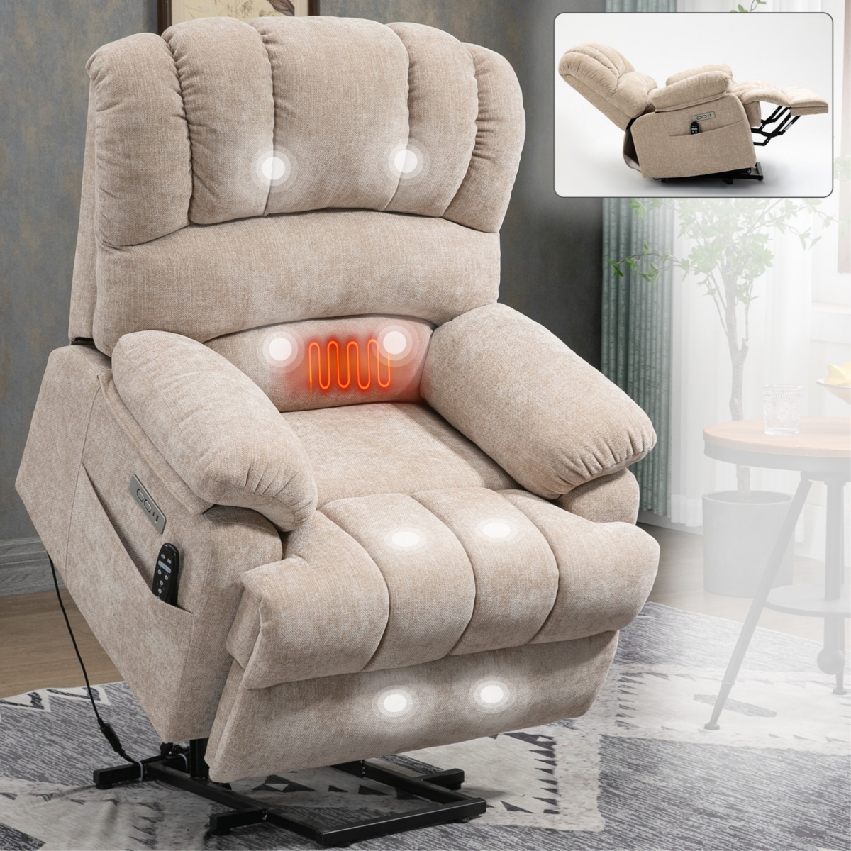 Boyel Living Seat Width and High Back Large Size Chenille Power Lift Recliner Chair with 8-Point Vibration Massage and Lumbar Heating