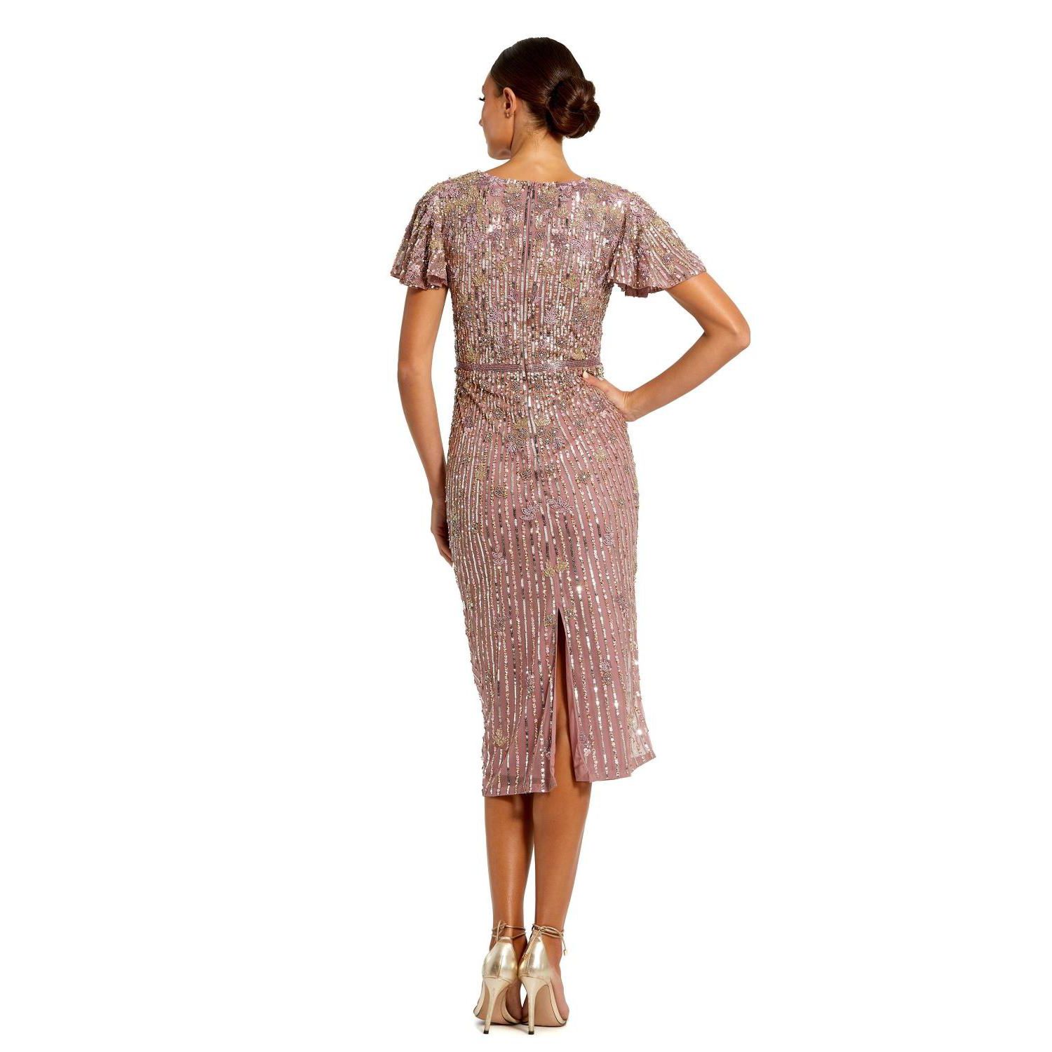 Women's Embellished Faux Wrap Flutter Sleeve Dress