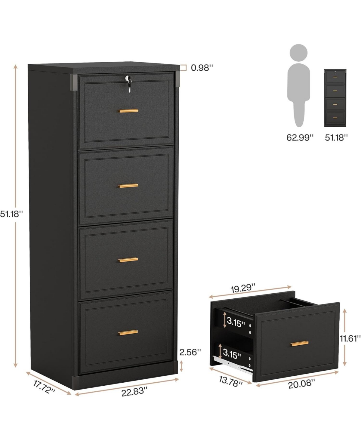 Tribesigns 4-Drawer File Cabinet, Vertical Filing Cabinet with Lock, Wood Storage for Home Office,Locable A4/F4/Letter/Legal
