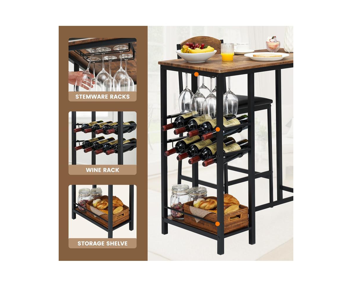 gaomon Dining Table Set for 2, Bar Table and Chairs Set for 2 with Storage Shelf and Wine Rack, Kitchen Table and Chairs for 2 with Upholstered Chairs