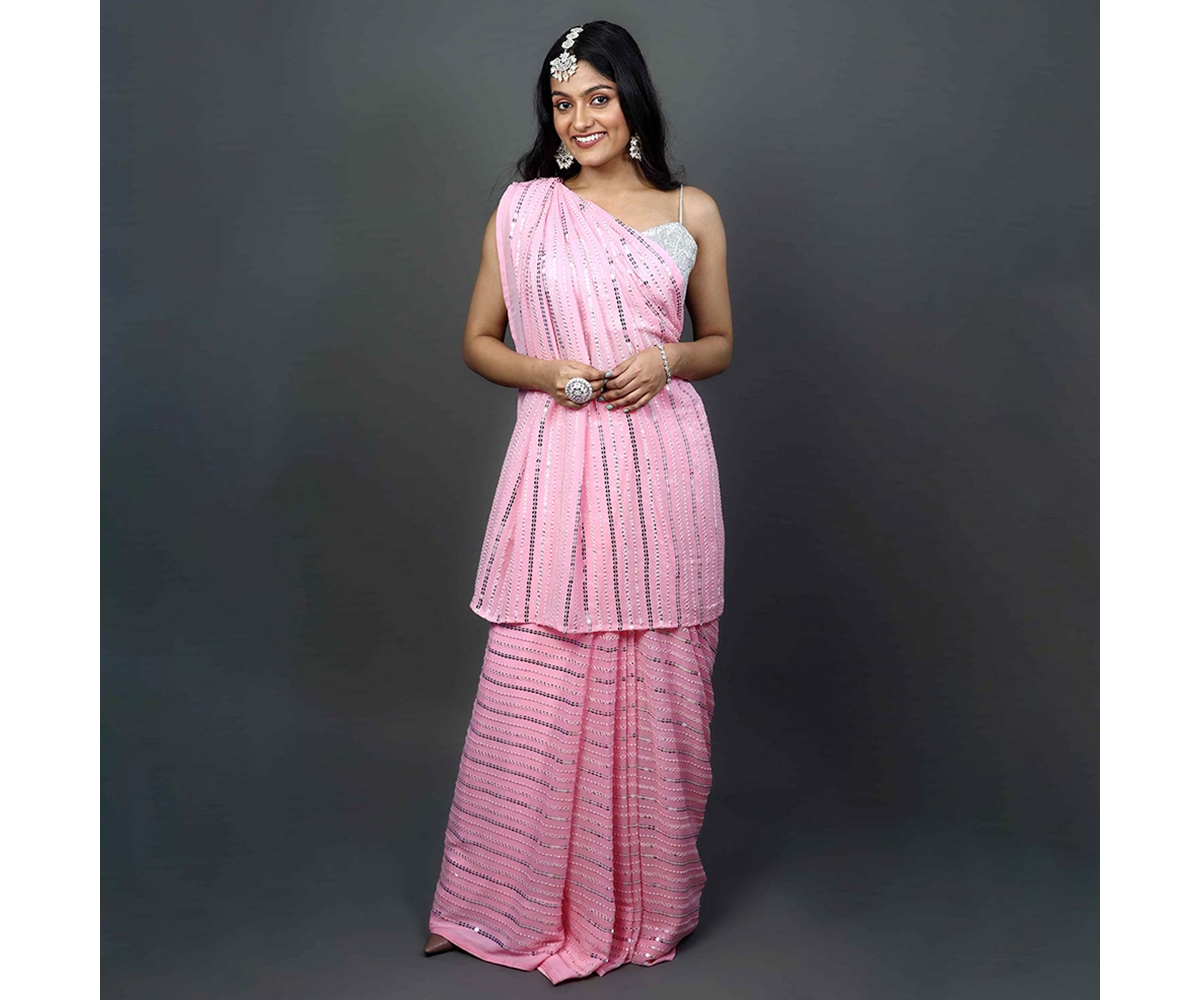 One Minute Saree Petite PujaGeorgette Silver Sequins Ready to Wear Sari - Pink