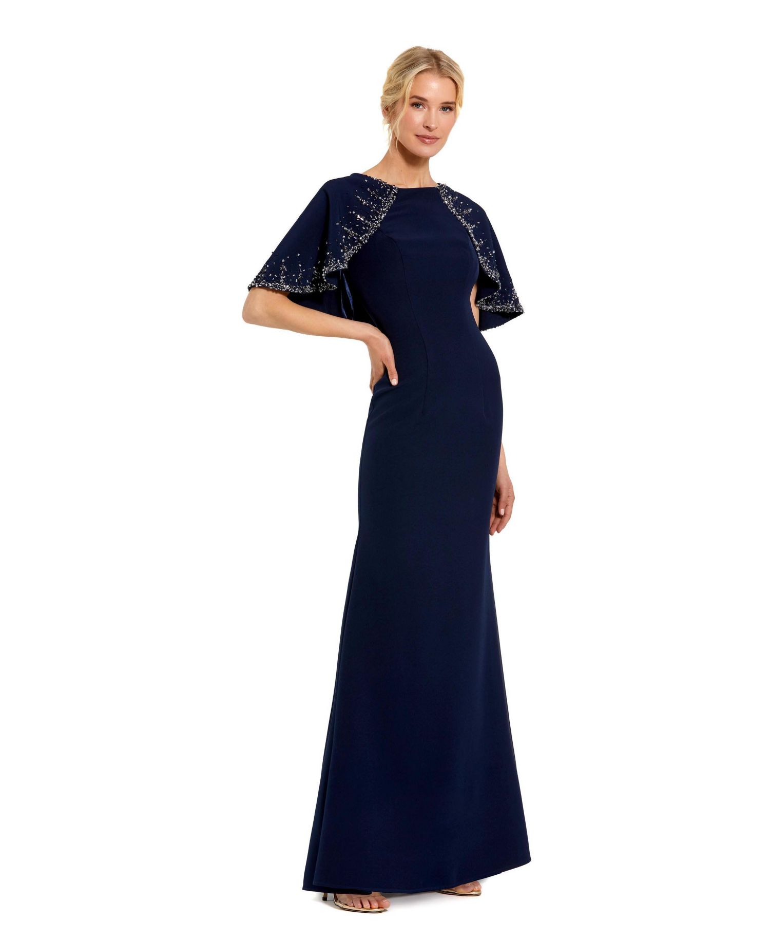 Women's Crepe High Neck Fitted Gown With Beaded Shawl