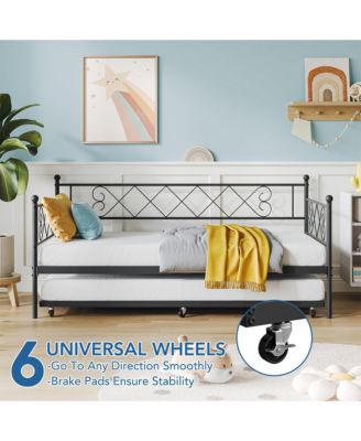 Twin Daybed with Pull-Out Trundle, Stylish Headboard and Metal Slats